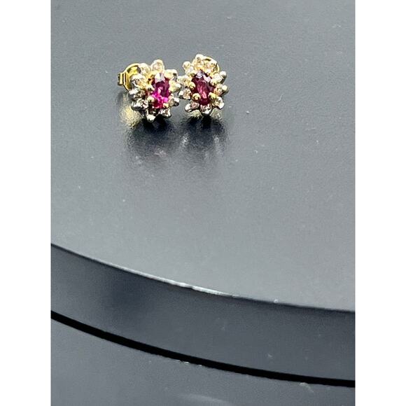 Vintage 14k Two Tone Gold Genuine
Ruby & Diamond Halo Stud Small Earrings - Picture 12 of 16